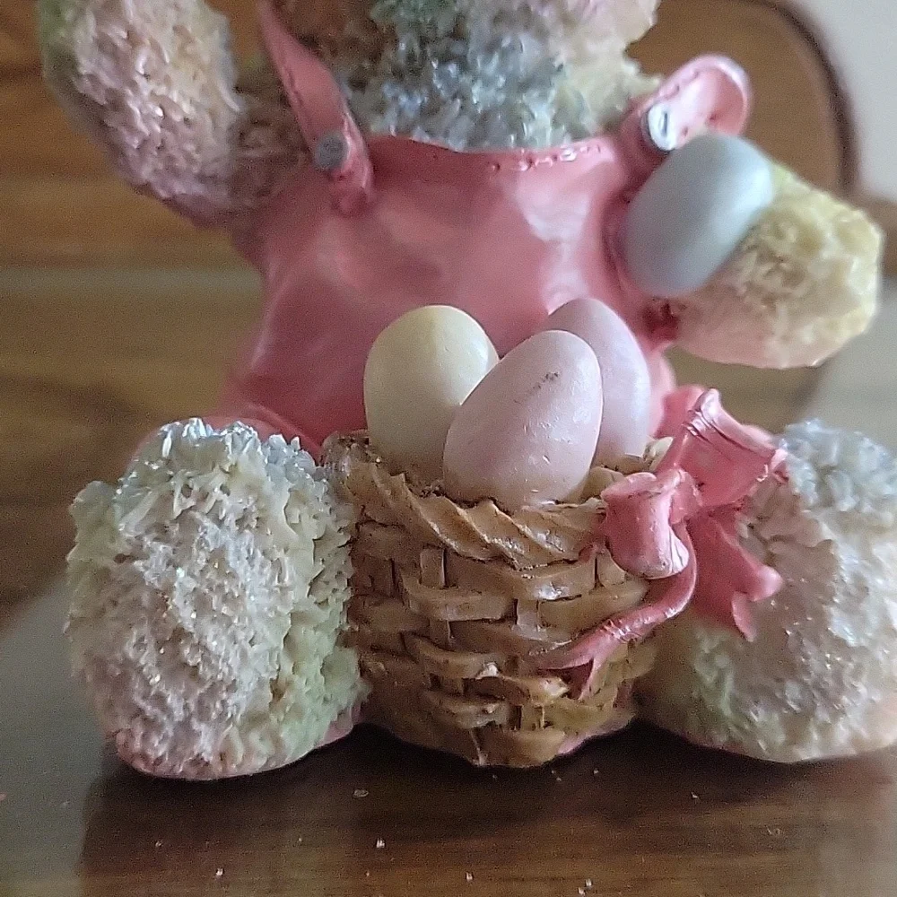 Hand Painted Bunny Figurine Pink Overalls Basket Pastel Eggs Approx 5.5" - Picture 4 of 11